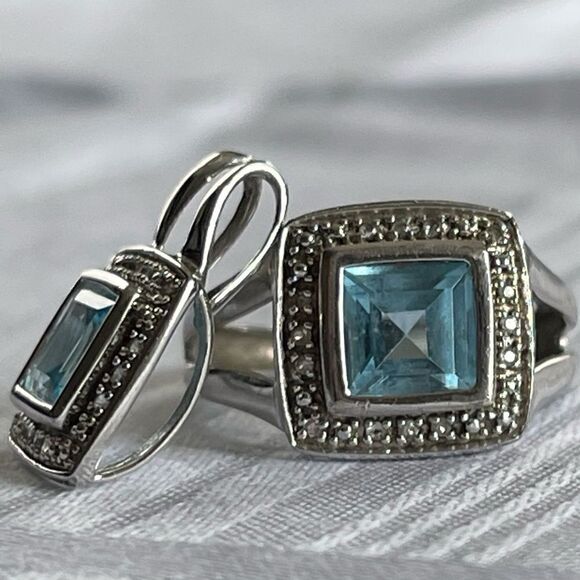 P*M .925 Sterling Silver Cushion Cut Blue Topaz Diamond Halo Ring Pendant Set - Picture 2 of 16